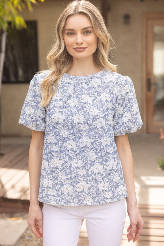 Floral Textured Top-Shirts & Tops-VOY-Slate Blue-Small-Inspired Wings Fashion