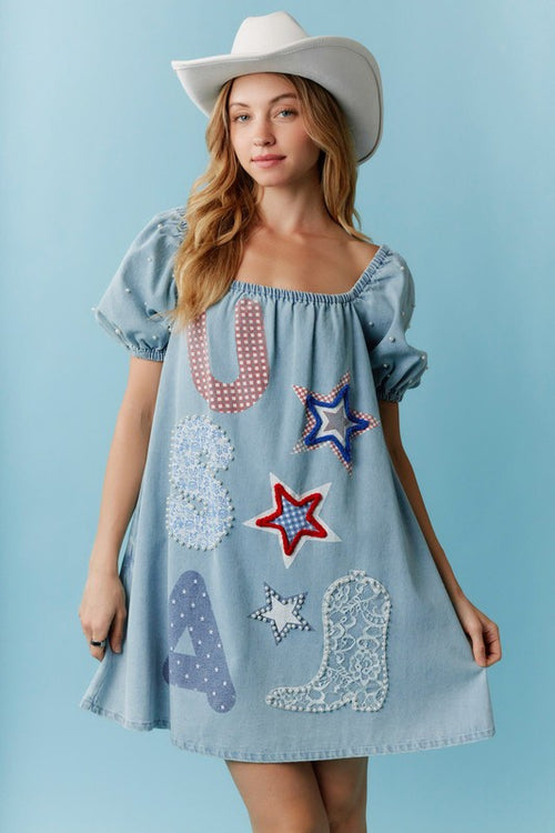 Patriotic Pearls Mini Dress-Dress-Peach Love California-LT Denim-Small-Inspired Wings Fashion