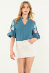 Flower Sleeve Textured Top-Shirts & Tops-THML-Navy-XS-Inspired Wings Fashion