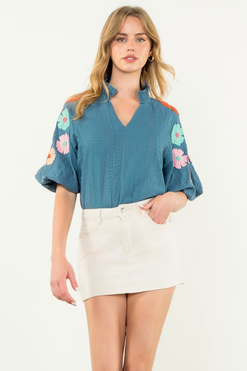 Flower Sleeve Textured Top-Shirts & Tops-THML-Navy-XS-Inspired Wings Fashion