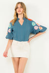 Flower Sleeve Textured Top-Shirts & Tops-THML-Navy-XS-Inspired Wings Fashion