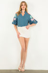 Flower Sleeve Textured Top-Shirts & Tops-THML-Navy-XS-Inspired Wings Fashion
