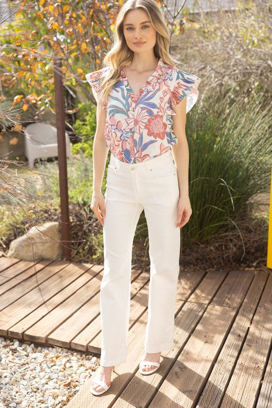 Pleated Sleeve Floral Top-Shirts & Tops-VOY-Pink-Small-Inspired Wings Fashion