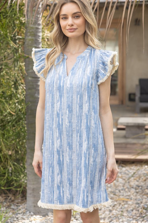 Distressed Fringe Stripe Dress-Dress-VOY-Sky Blue-Small-Inspired Wings Fashion