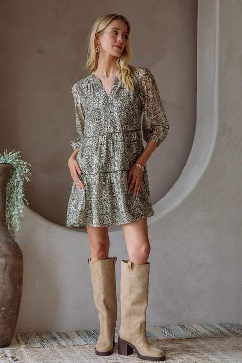 Abstract Mini Dress-Dress-Skies Are Blue-Olive/Cream-XS-Inspired Wings Fashion