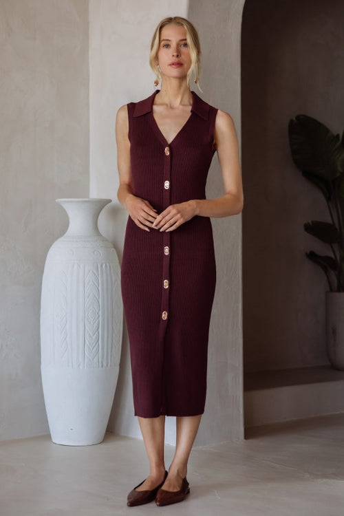 Twist Lock Button Dress-Dress-Skies Are Blue-Burgundy-XS-Inspired Wings Fashion