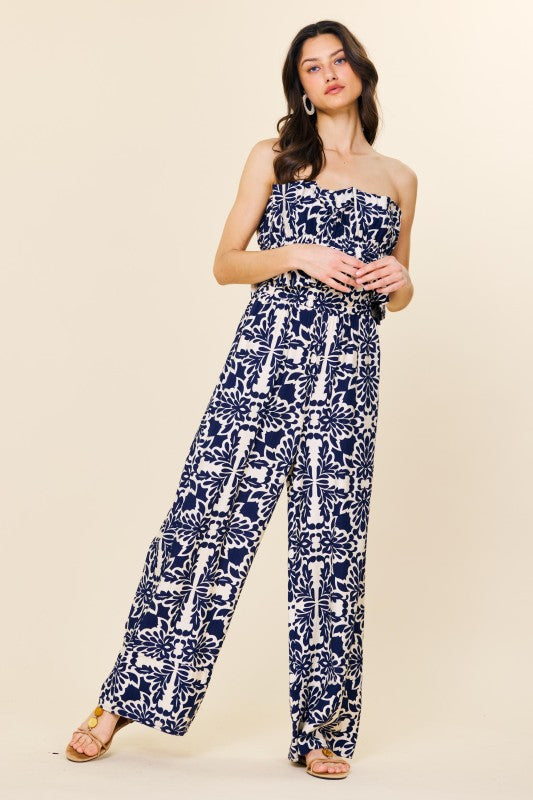 Wide Leg Strapless Jumpsuit-Jumpsuit-Skies Are Blue-Navy/Ivory-XS-Inspired Wings Fashion