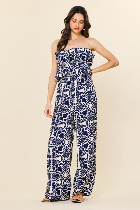 Wide Leg Strapless Jumpsuit-Jumpsuit-Skies Are Blue-Navy/Ivory-XS-Inspired Wings Fashion