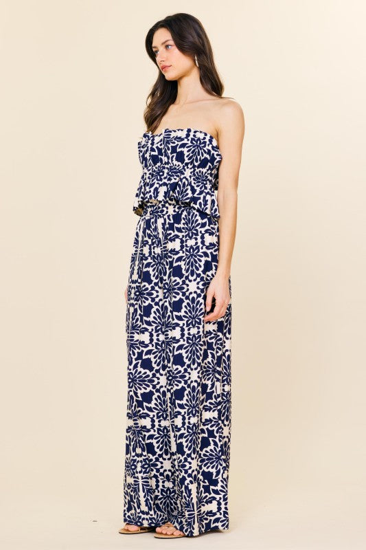 Wide Leg Strapless Jumpsuit-Jumpsuit-Skies Are Blue-Navy/Ivory-XS-Inspired Wings Fashion