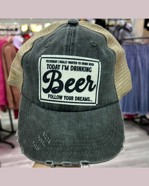 Today I'm Drinking Beer Mesh Cap-Hats-DK Handmade-Charcoal & Tan-Inspired Wings Fashion