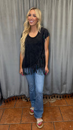 Fringed Asymmetrical Top-Tops-Pat Dahnke-Black-Small-Inspired Wings Fashion