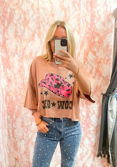 Cowgirl Acid Wash Crop Tee-Tops-Fantastic Fawn-Small-Camel-Inspired Wings Fashion