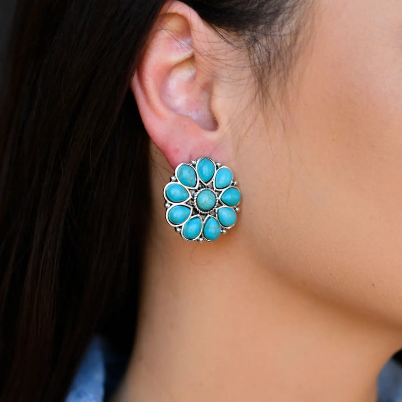 Turquoise Stud Flower Earrings-Earrings-West & Co-Inspired Wings Fashion