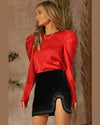 Satin Puff Shoulder Blouse-Shirts & Tops-Blue Buttercup-Small-Red-Inspired Wings Fashion