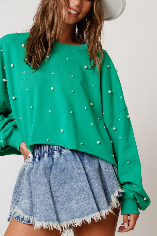 Cozy Pearl Studded Crop Sweatshirt-Sweaters-Peach Love California-Small-Green-Inspired Wings Fashion