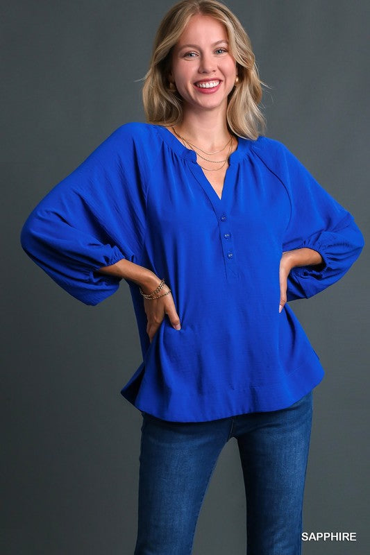 Notched Neckline Raglan Sleeve Top-Shirts & Tops-Umgee-Small-Sapphire-Inspired Wings Fashion