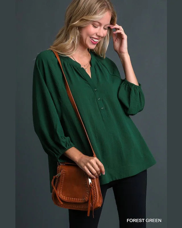 Notched Neckline Raglan Sleeve Top-Shirts & Tops-Umgee-Small-Forest Green-Inspired Wings Fashion