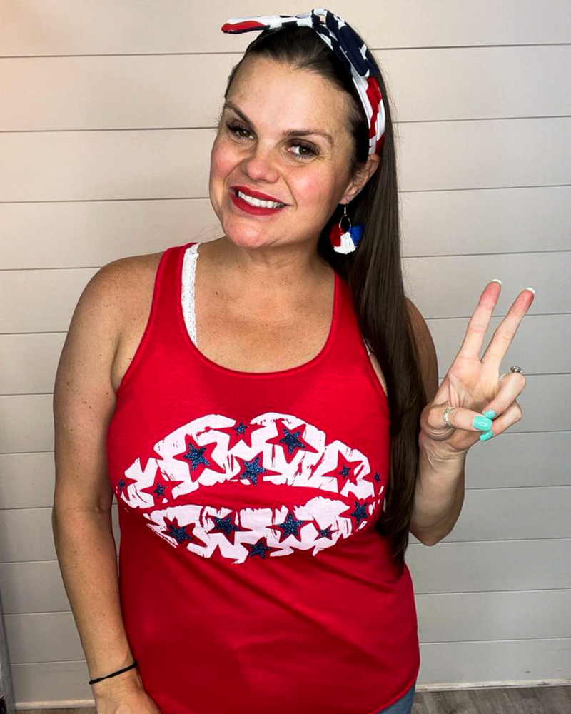 Patriotic Lips w/ Navy Glitter Stars Tank-Top-Texas True Threads-Small-Red-Inspired Wings Fashion