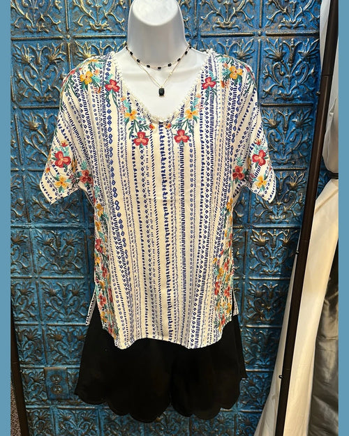 Floral Embroidered Top-Shirts & Tops-Andree by Unit-Small-Ivory Blue-Inspired Wings Fashion