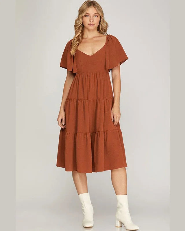 Flounce Tiered Woven Midi Dress-Dresses-She+Sky-Small-Caramel-Inspired Wings Fashion