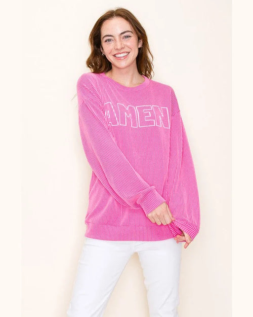 “Amen” Ribbed Sweatshirt-Sweatshirt-Très Bien-Small-Hot Pink-Inspired Wings Fashion