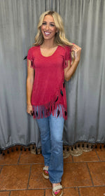 Fringed Asymmetrical Top-Tops-Pat Dahnke-Distressed Red-Small-Inspired Wings Fashion