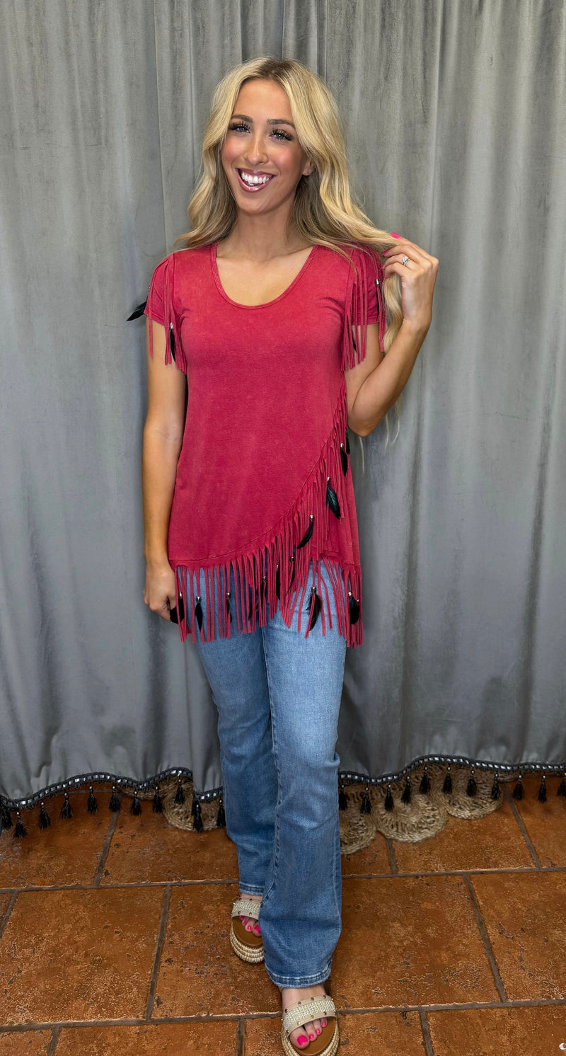 Fringed Asymmetrical Top-Tops-Pat Dahnke-Distressed Red-Small-Inspired Wings Fashion
