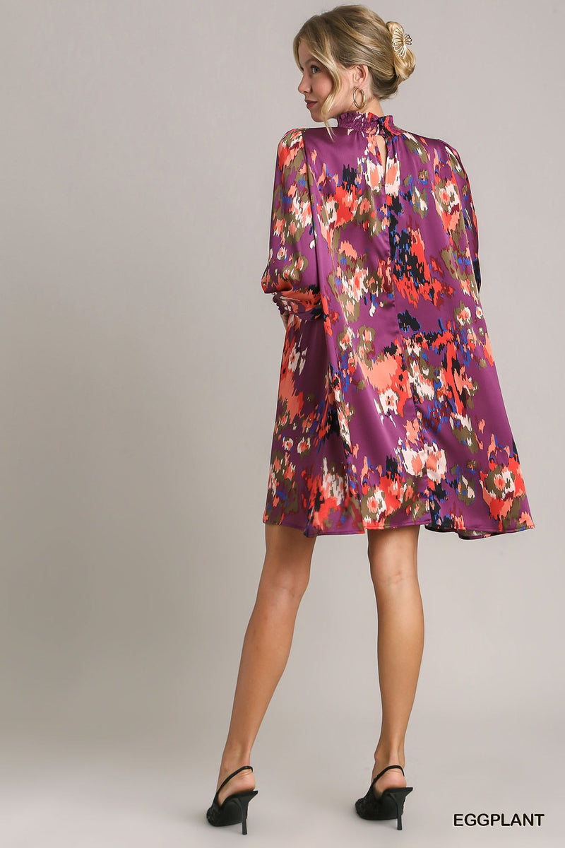 Floral Printed Satin Dress-Dresses-Umgee-Small-Eggplant-Inspired Wings Fashion
