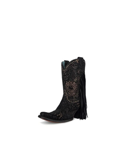 Black And Gold Floral Suede Boot-Boots-Corral Boots-7-Inspired Wings Fashion