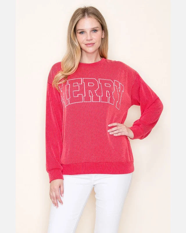 “Merry” Christmas Holiday Ribbed Sweater-Sweatshirt-Très Bien-Small-Red-Inspired Wings Fashion