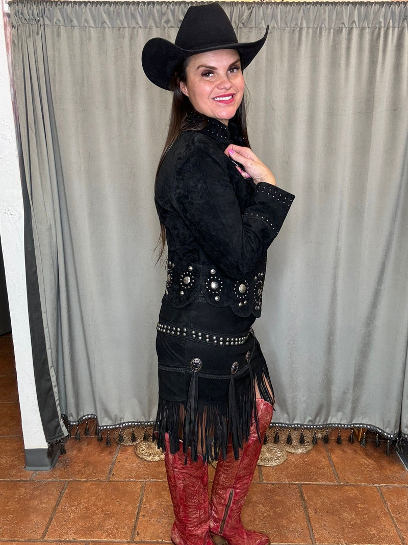 Studded Lamb Suede Fringe Skirt-Skirt-Scully-Black-XS-Inspired Wings Fashion