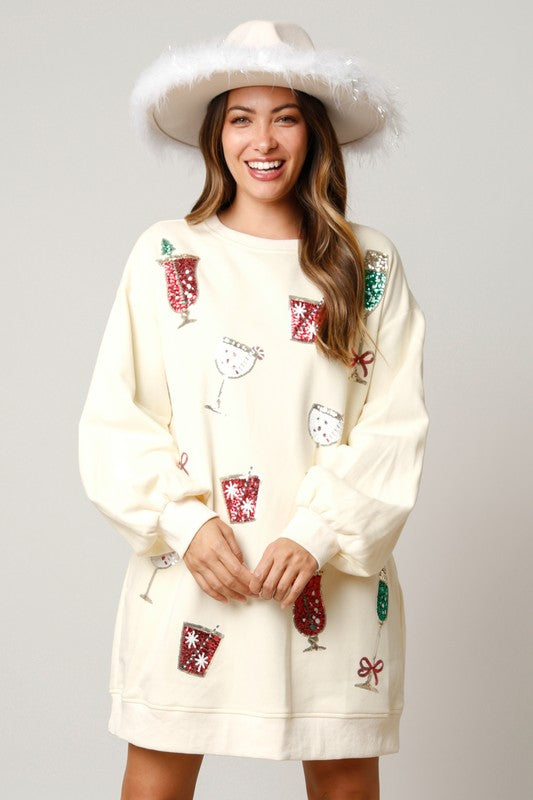 Christmas Cheers Cocktail Sweatshirt Dress-Dresses-Fantastic Fawn-Small-Cream-Inspired Wings Fashion