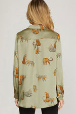 Long Sleeve Jaguar Printed Button Down Satin Dress-Tops-She+Sky-Small-Light Olive-Inspired Wings Fashion