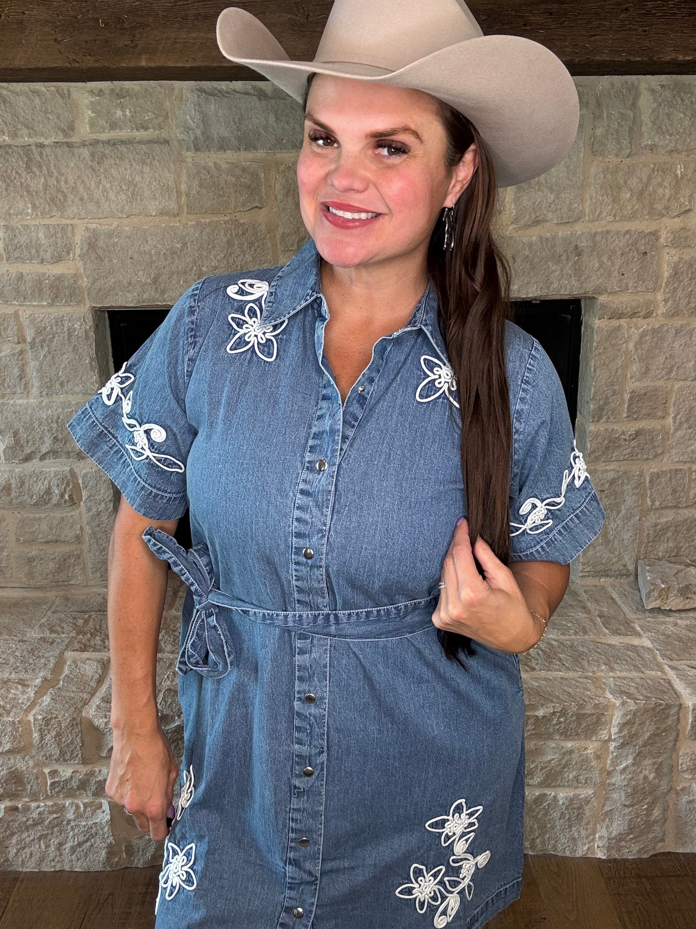 embroidered denim dress Xsmall This western Tara Satin Tie Neck details:Shirred Dresses Size (Inch):L