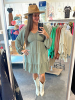 Textured V-Neck Smocked Tiered Ruffle Dress-Dresses-Heyson-Small-Faded Olive-Inspired Wings Fashion