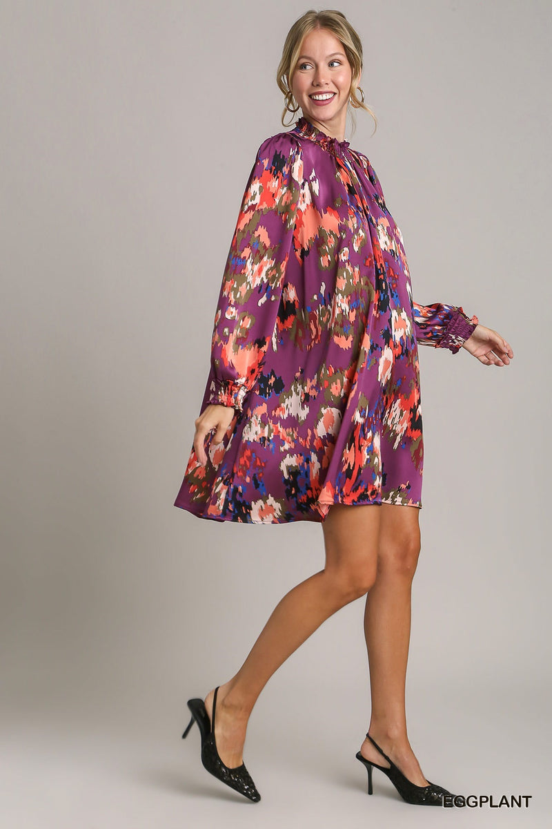 Floral Printed Satin Dress-Dresses-Umgee-Small-Eggplant-Inspired Wings Fashion