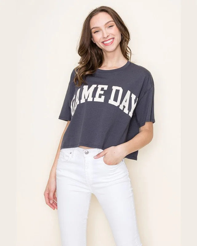 Cotton Game Day Crop Tee-Graphic Tee-Très Bien-S/M-Charcoal-Inspired Wings Fashion