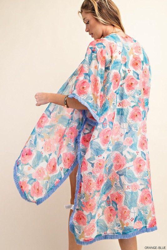 Floral & Fringe Kimono-Kimono-Kori America-Orange/Blue-Sm/Md-Inspired Wings Fashion