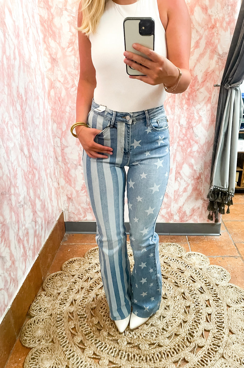 Stars & Stripes Bleach Flare Jeans-Jeans-Judy Blue-0 (24)-Inspired Wings Fashion