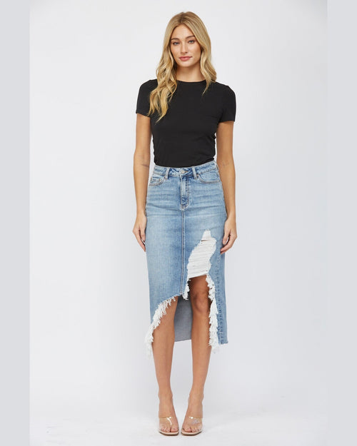 High Waisted Midi Skirt With Distress-Skirts-MICA Denim-Small-Inspired Wings Fashion