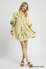 Horse Embroidery Babydoll Dress-Dress-Umgee-Mustard Green-Small-Inspired Wings Fashion