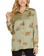 Long Sleeve Jaguar Printed Button Down Satin Dress-Tops-She+Sky-Small-Light Olive-Inspired Wings Fashion