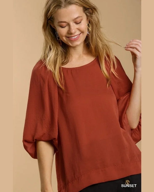 Washed Satin Half Sleeve Balloon Top-Shirts & Tops-Umgee-Small-Sunset-Inspired Wings Fashion