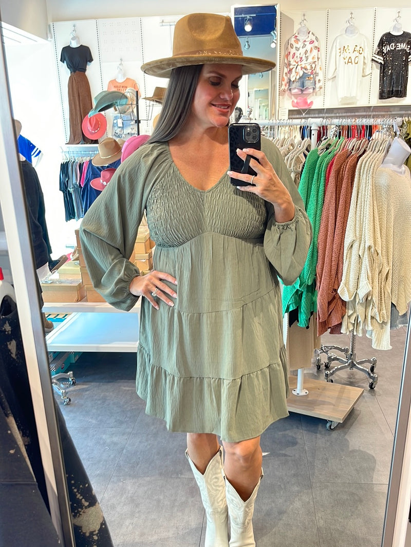 Textured V-Neck Smocked Tiered Ruffle Dress-Dresses-Heyson-Small-Faded Olive-Inspired Wings Fashion