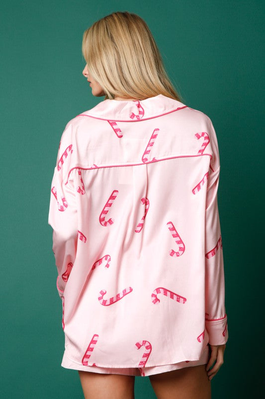 Candi Cane Satin PJ Top-Shirts & Tops-Peach Love California-Small-Light Pink-Inspired Wings Fashion