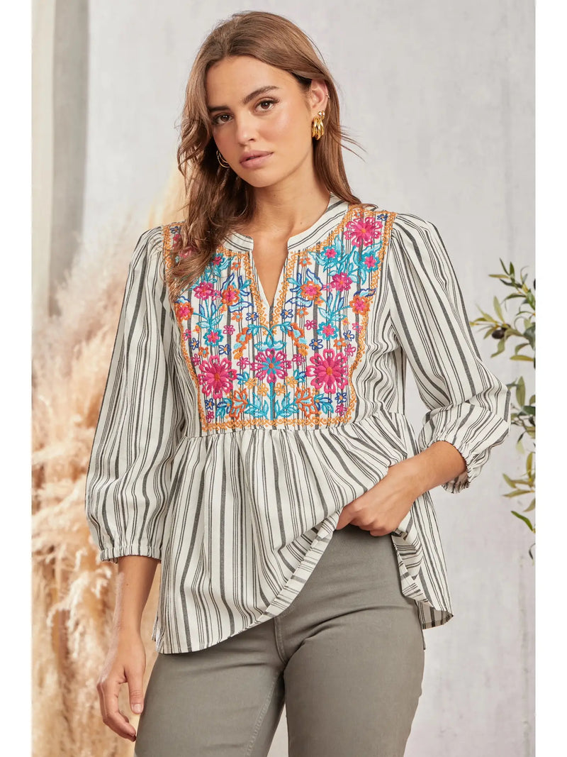 Pinstripe Embroidered Top-Top-Andree by Unit-Ivory/Black-Small-Inspired Wings Fashion