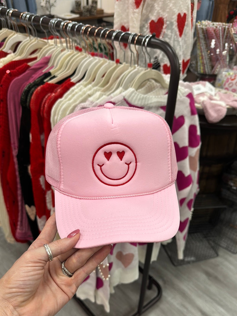 Smiley Face Trucker Hat with Heart Eyes-Hat-Camel Threads-Inspired Wings Fashion