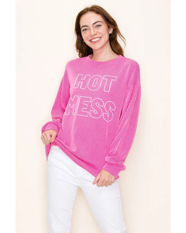 “Hot Mess” Ribbed Sweatshirt-Sweatshirt-Très Bien-Small-Hot Pink-Inspired Wings Fashion