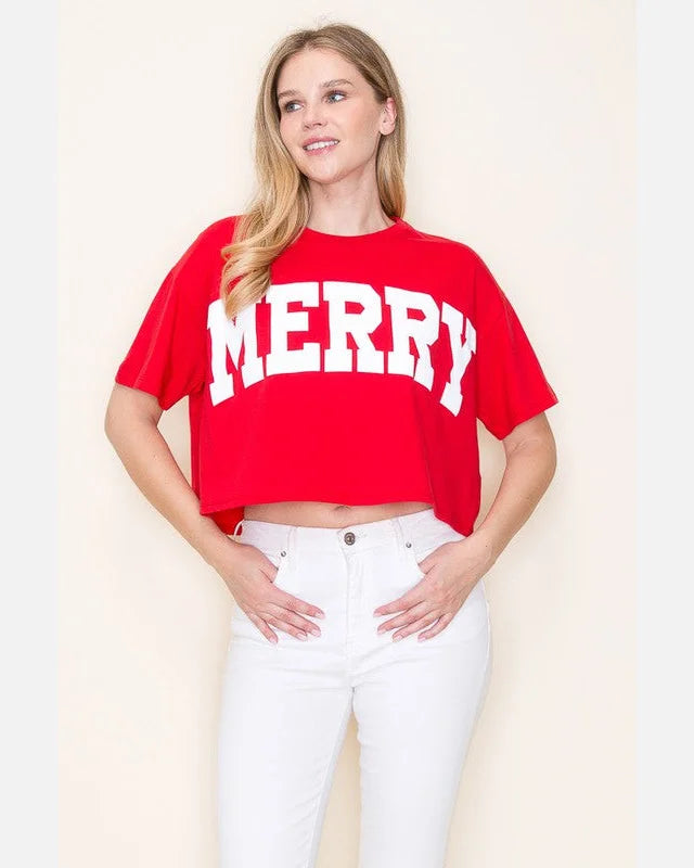 “Merry” Holiday Crop Tee-Shirts & Tops-Très Bien-S/M-Red-Inspired Wings Fashion