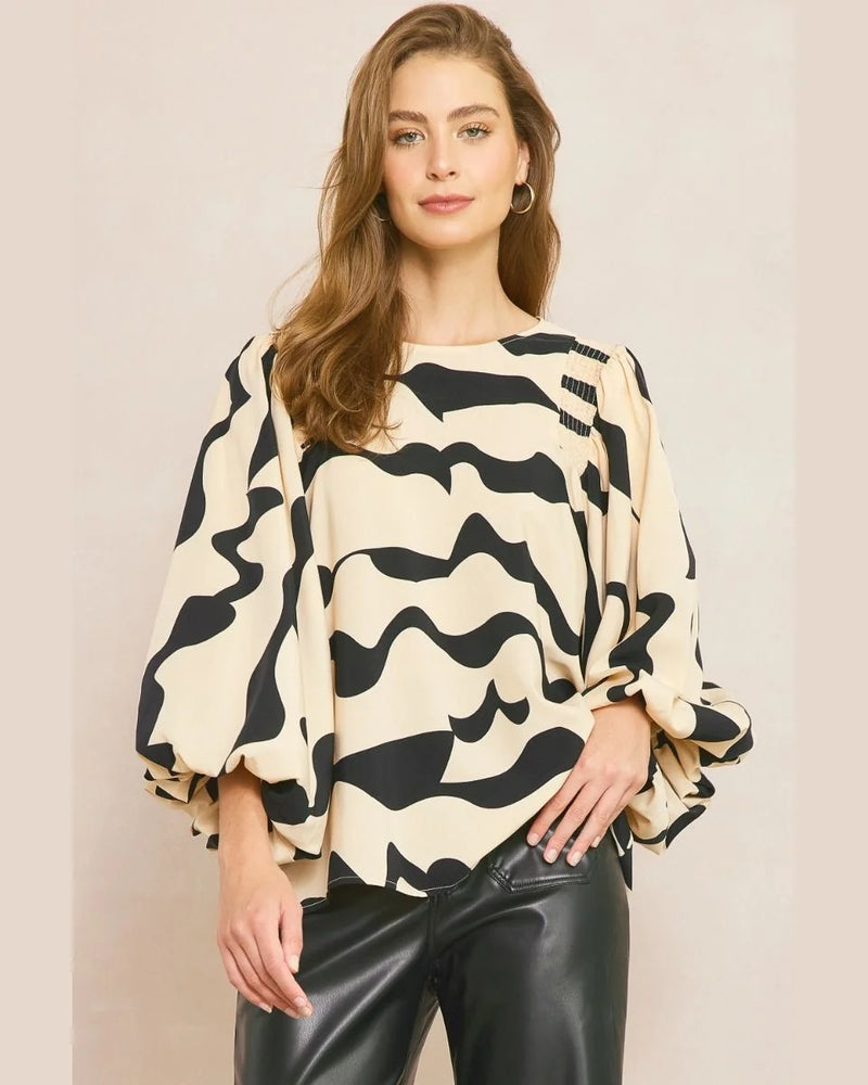 Printed Balloon Sleeve Top-Shirts & Tops-Entro-Small-Natural-Inspired Wings Fashion